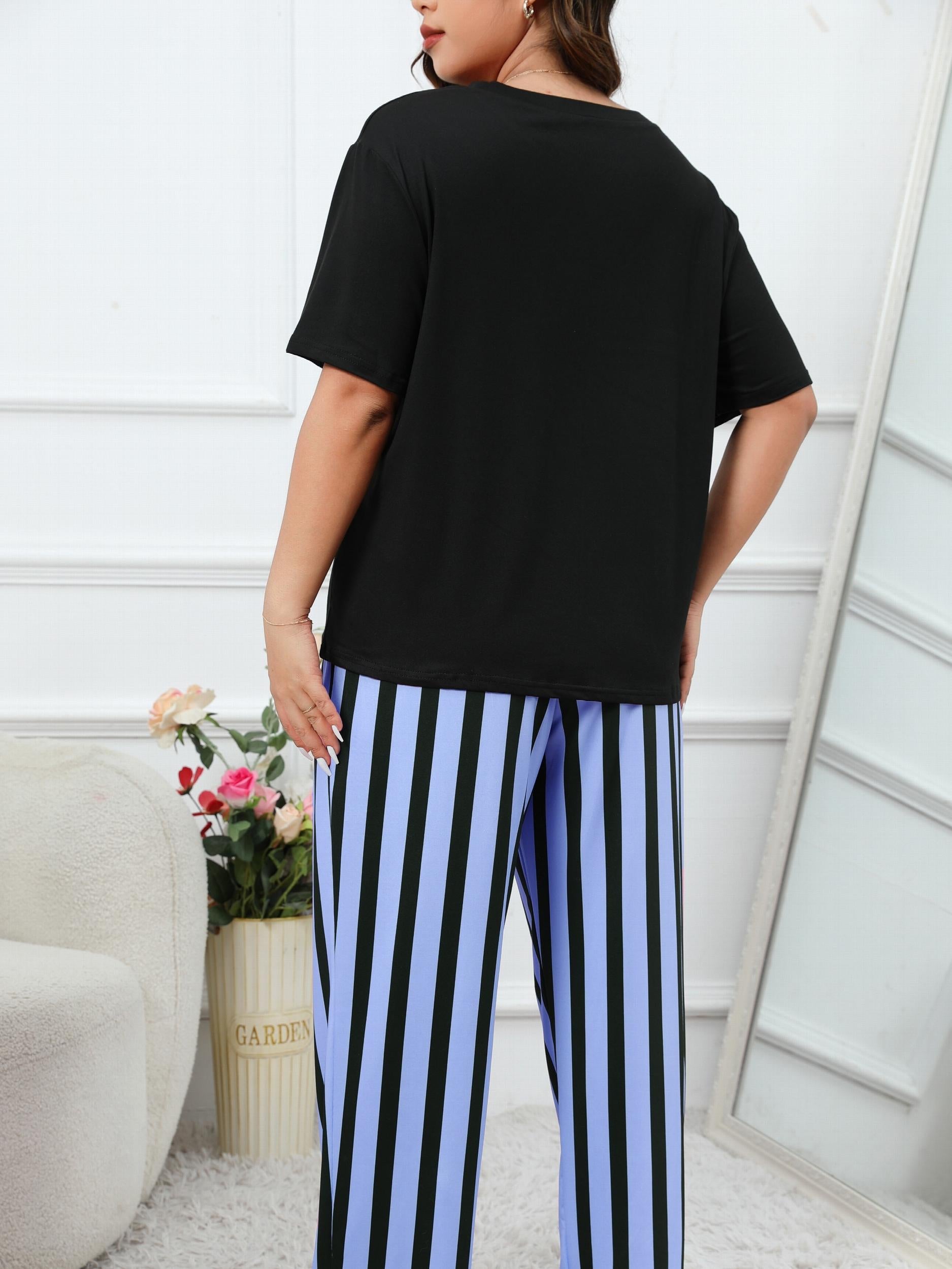  Cat Print Tee & Striped Pants Lounge Set