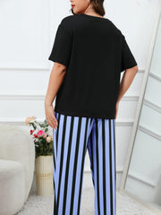  Cat Print Tee & Striped Pants Lounge Set