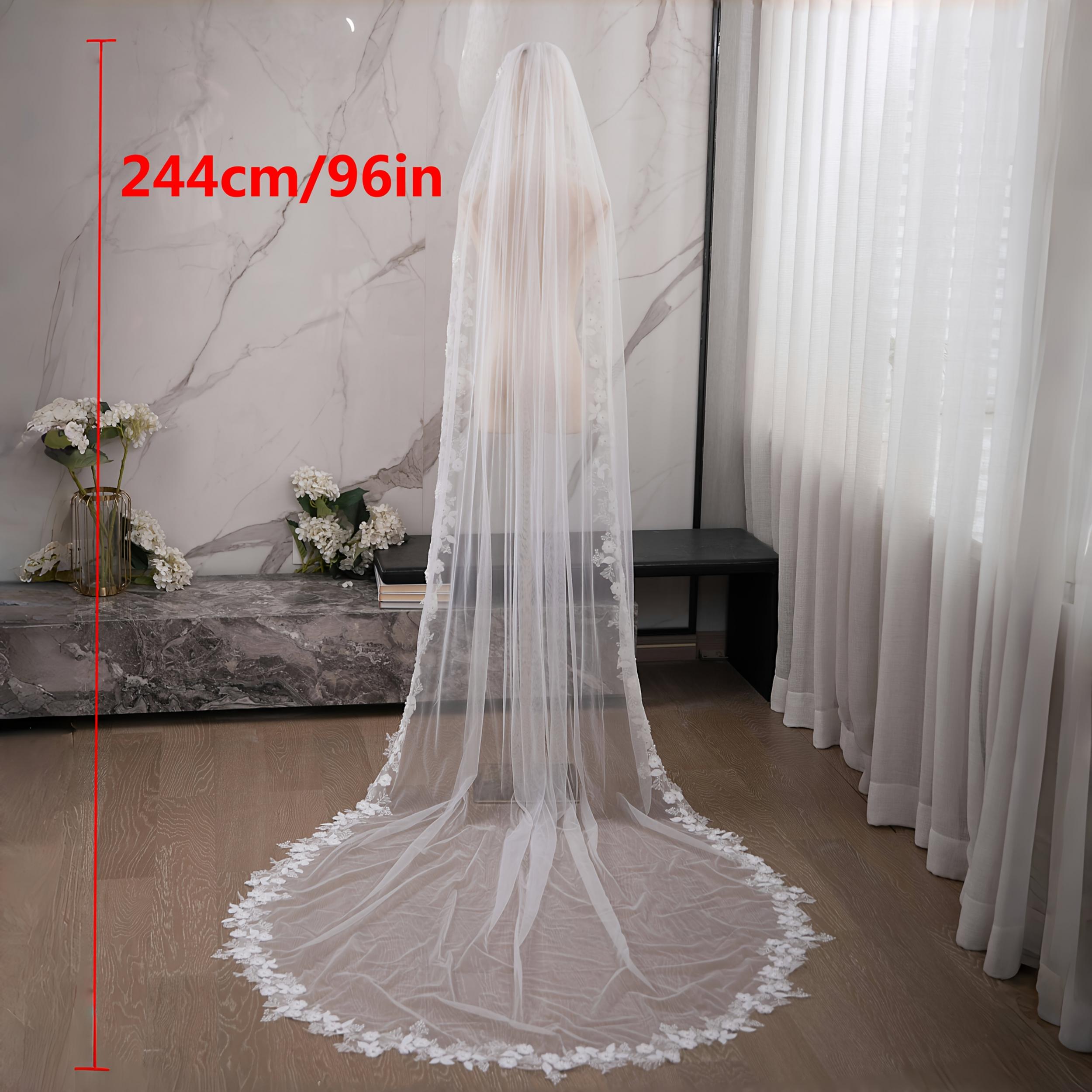 Vintage Romantic Court Style Bridal Veil with Floral & Pearl Embellishment
