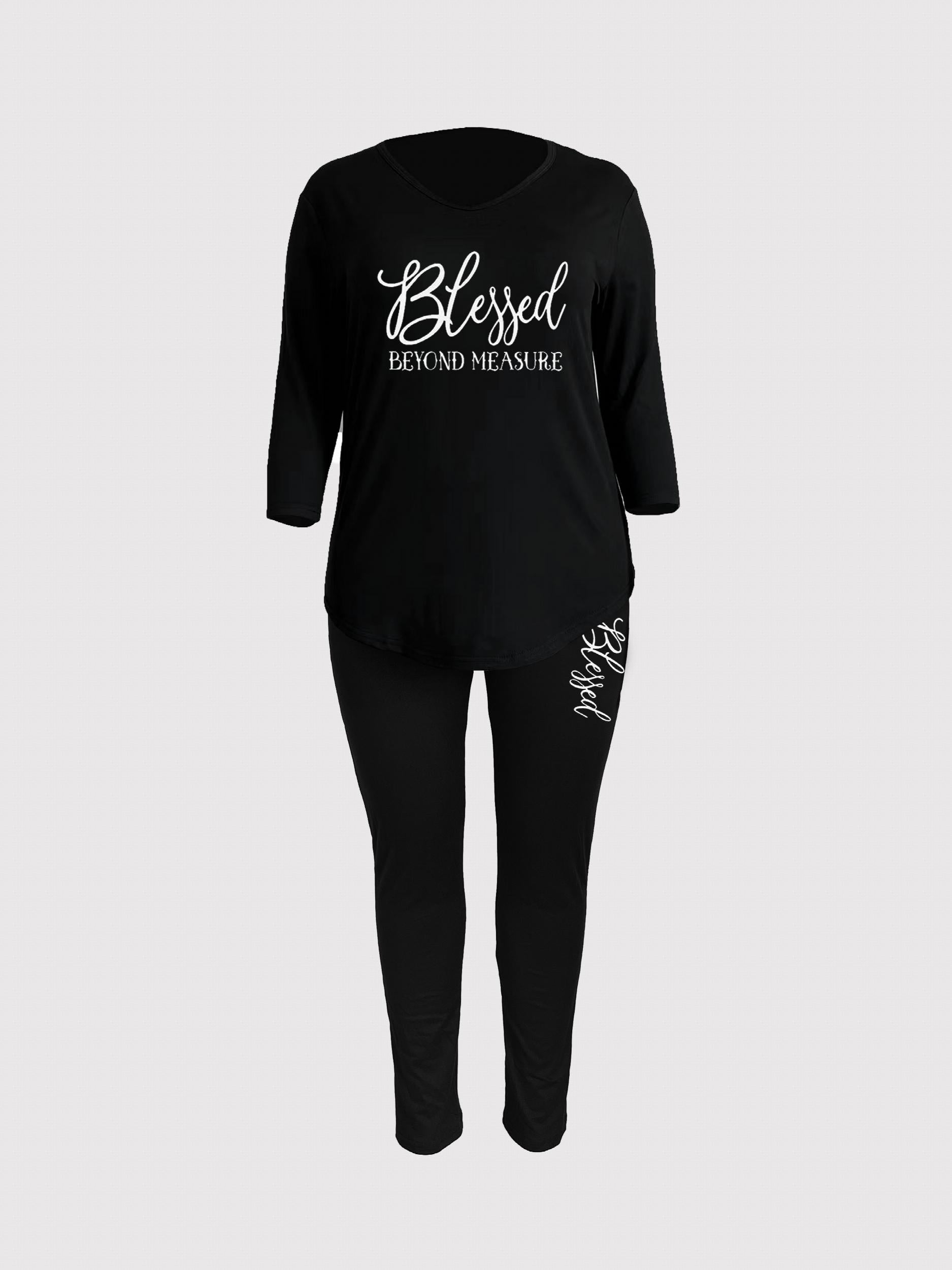  Letter Print V Neck 3 4 Sleeve T Shirt Top & Long Pants Set