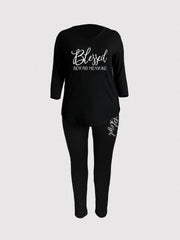  Letter Print V Neck 3 4 Sleeve T Shirt Top & Long Pants Set