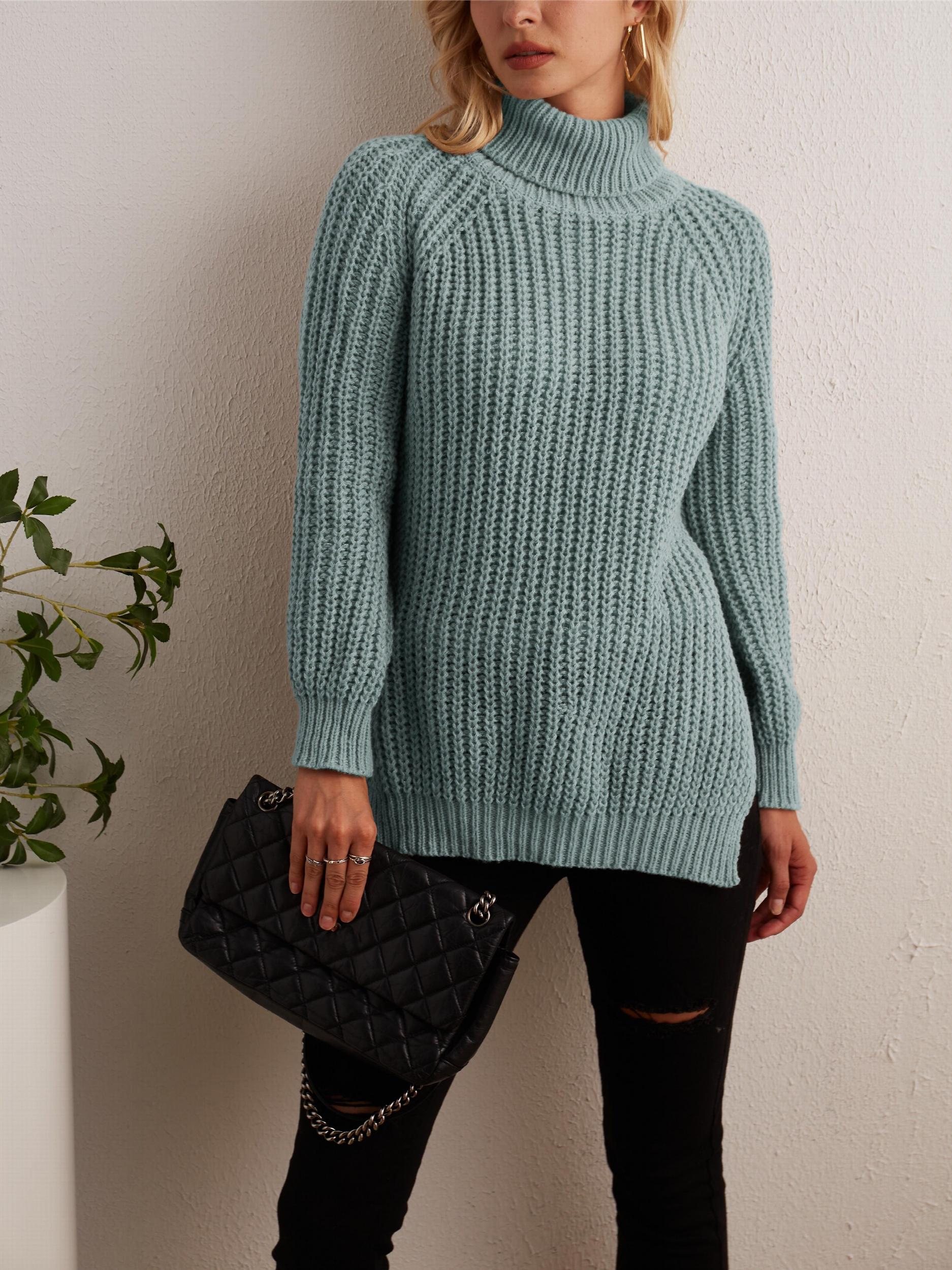 Oversized Turtleneck Sweater with Side Slit - Women's Clothing