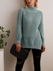 Oversized Turtleneck Sweater with Side Slit - Women's Clothing