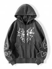 Halloween Heart Graphic Hooded Sports Sweatshirt Zipper Up Long Sleeve Hoodie