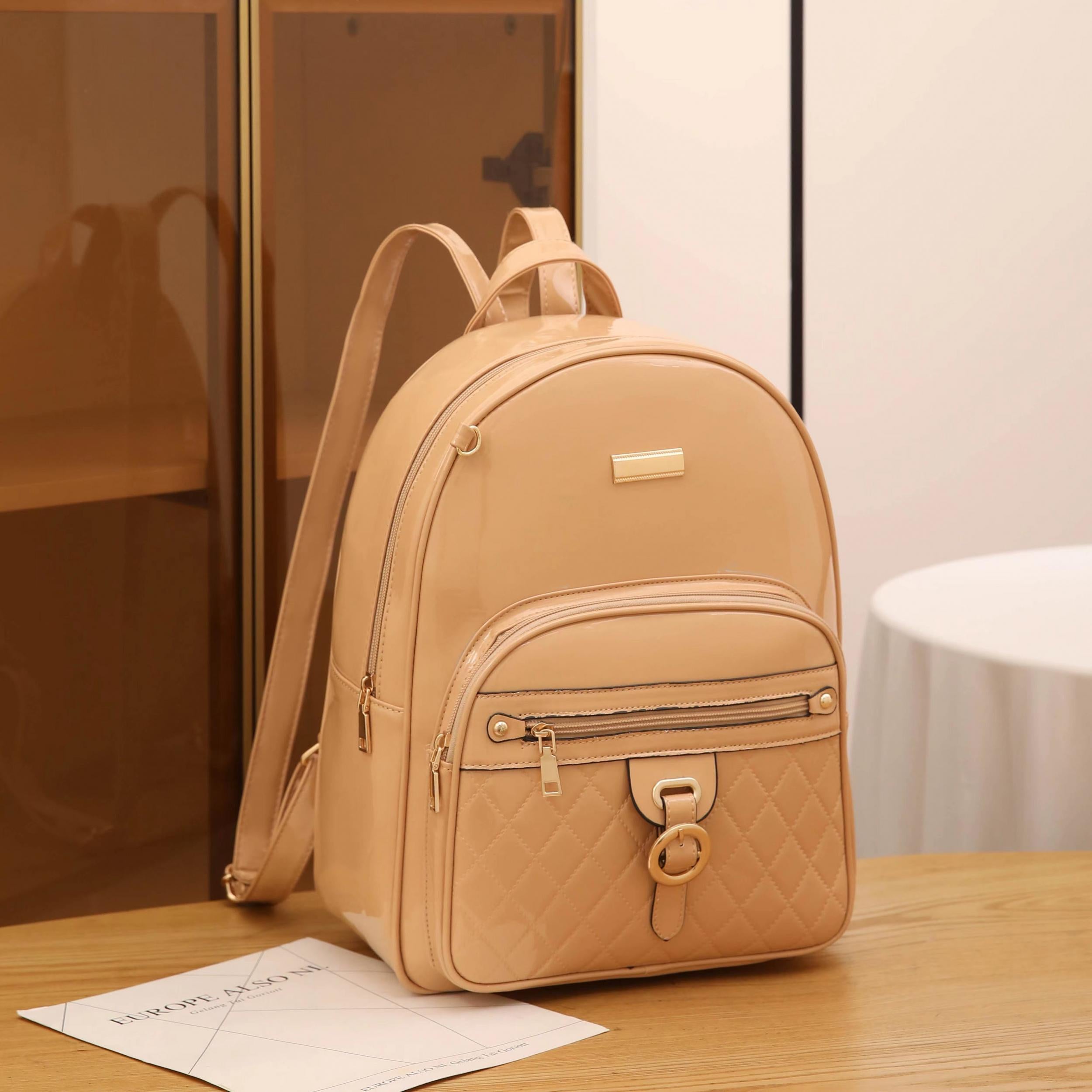 Quilted Glossy Large Capacity Backpack PU Leather Textured School Backpack