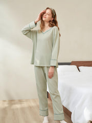 Solid Pajama Set Long Sleeve V Neck Top & Elastic Waistband Pants