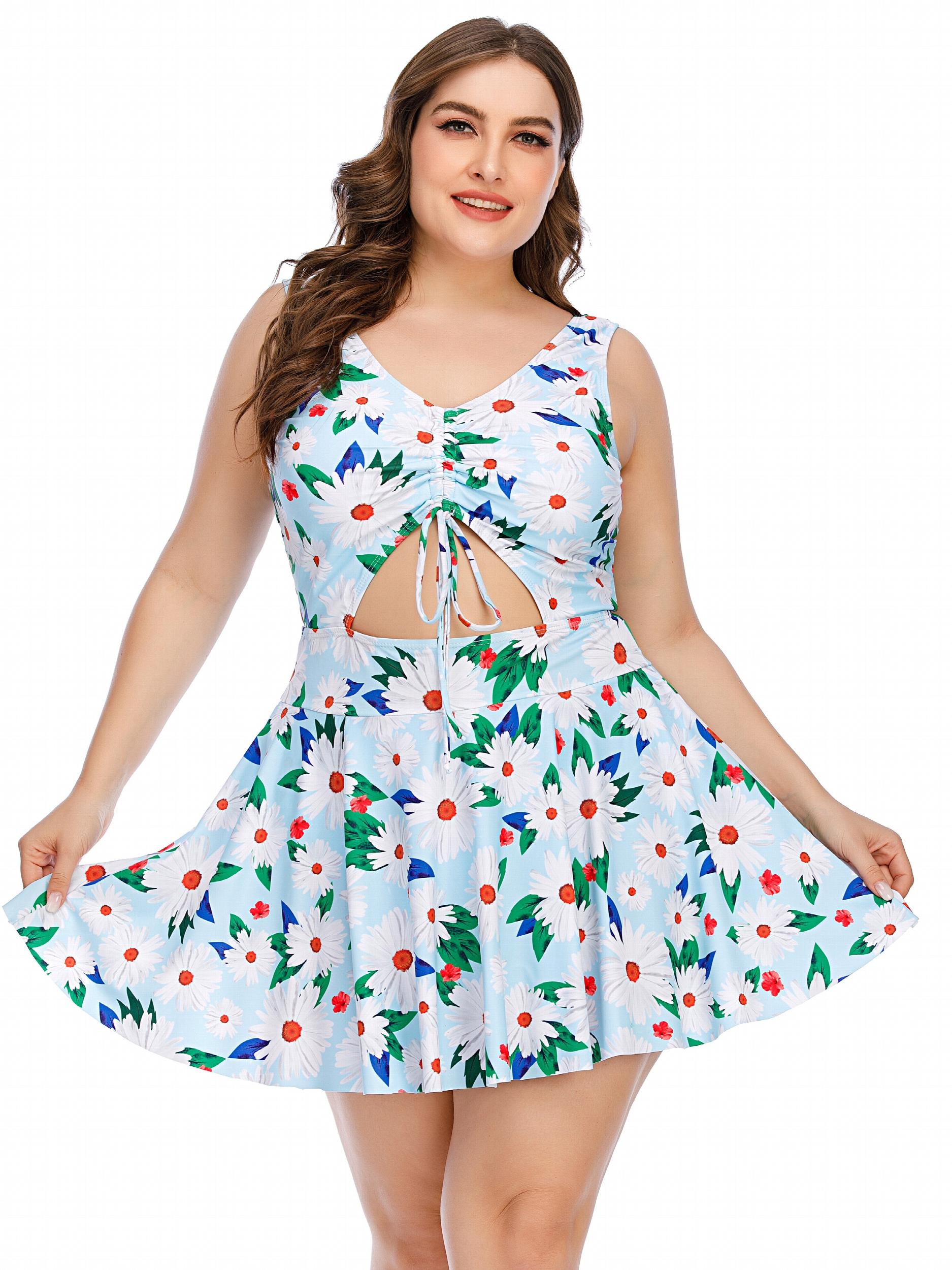  Daisy Print Cut Out Lace One Piece Swimsuit
