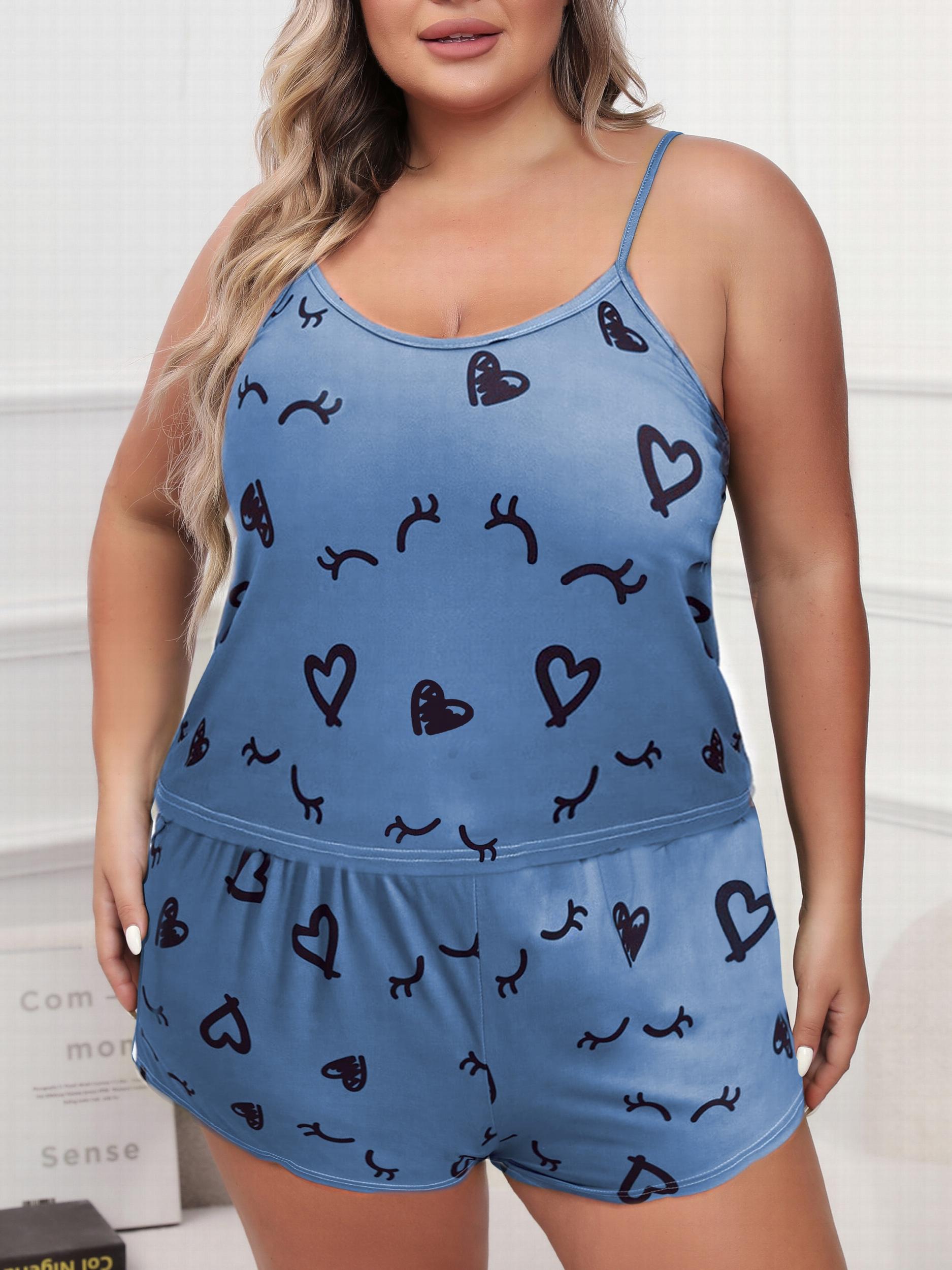  Pajama Set - Eyelash & Heart Print Cami Top & Shorts