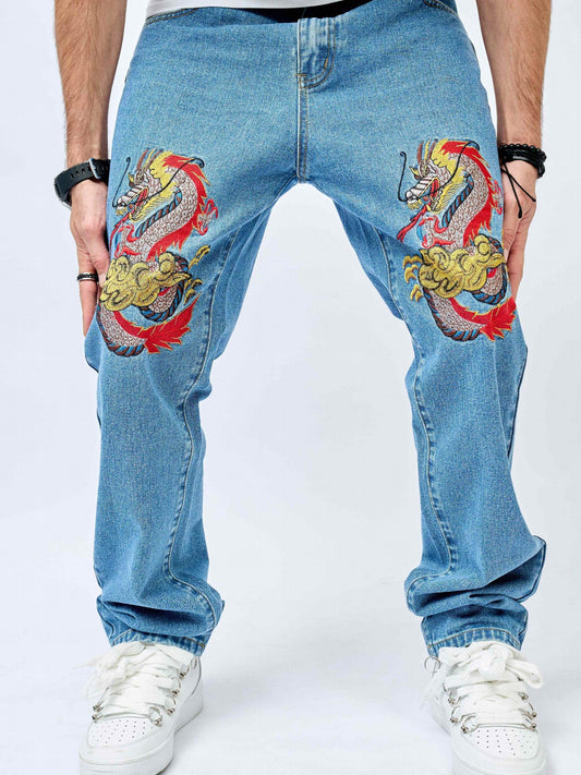 Men's Dragon Pattern Distressed Slim Fit Jeans