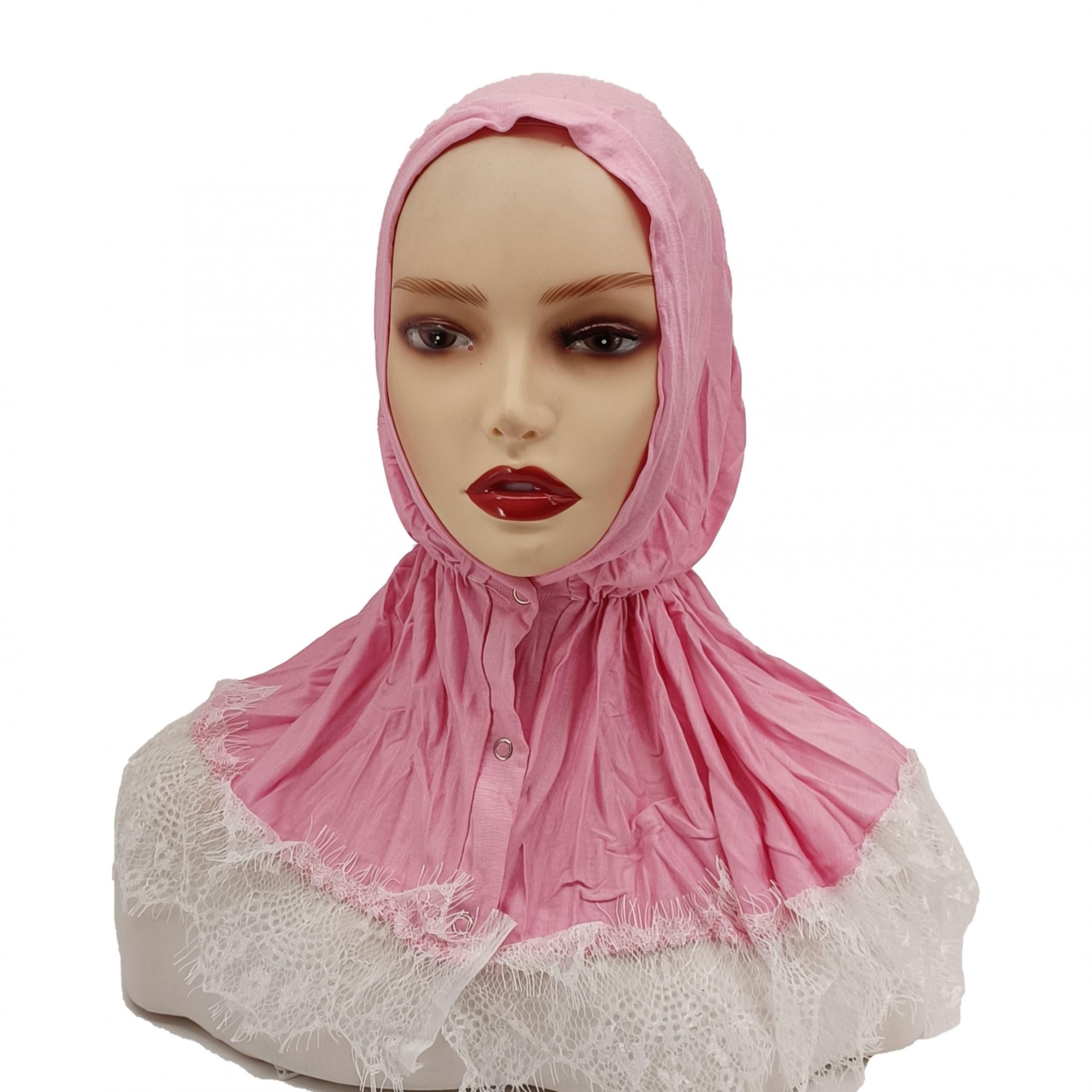 Lace Hijab Snap Button Head Scarf Women Solid Turban Elastic Ramadan