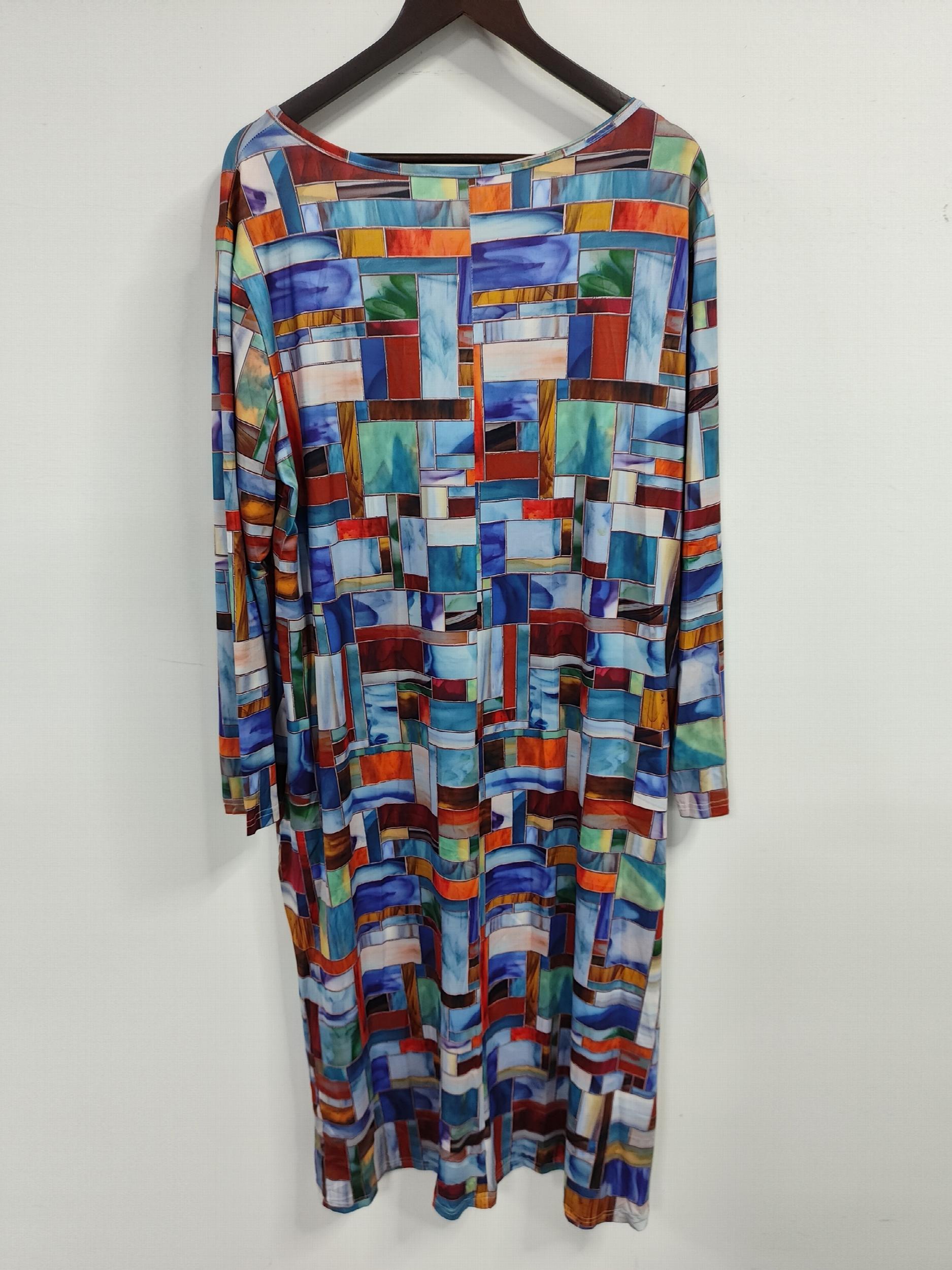  Patchwork Print Button Up V Neck Dress