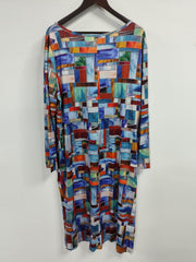  Patchwork Print Button Up V Neck Dress