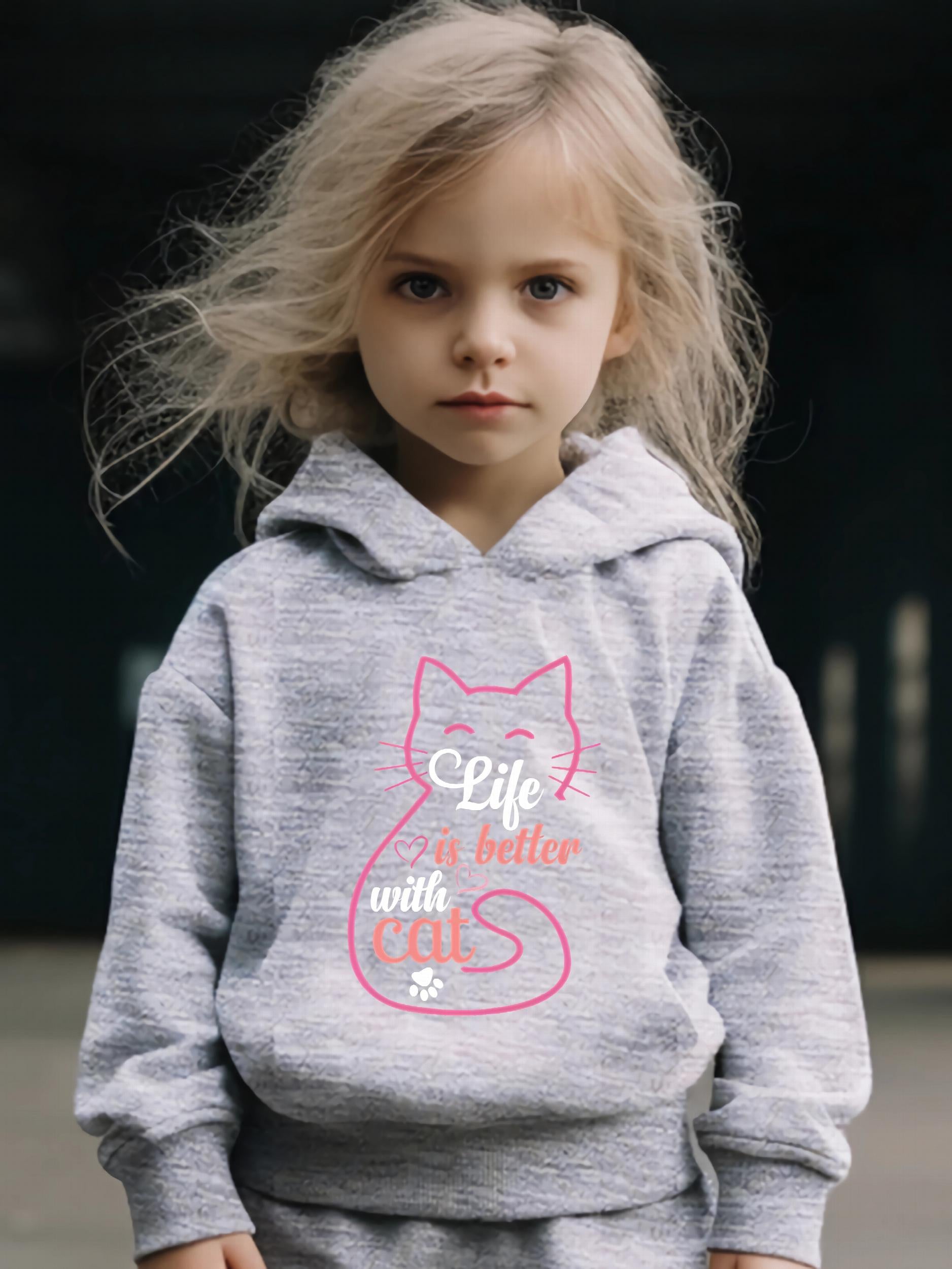 Cat Pattern Hooded Sweatshirt & Sweatpants Set for Girls
