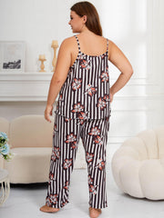  Striped & Floral Print Cami Top & Pants Lounge Set