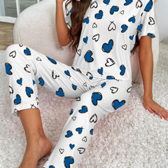 Heart Print Pajama Set Short Sleeve Top & Pants Women's Sleepwear