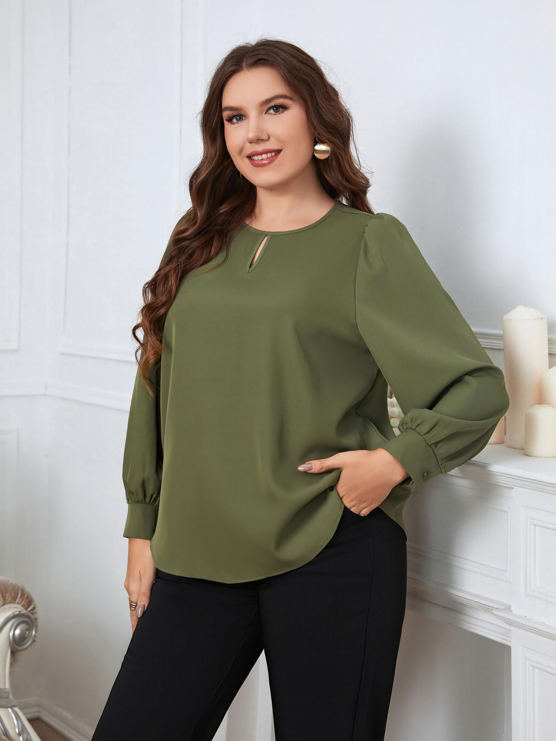  Casual Blouse Solid Puff Sleeve Keyhole Round Neck Top