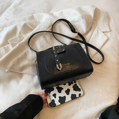Crocodile Embossed Crossbody Bag Letter Studded Decor Shoulder Bag