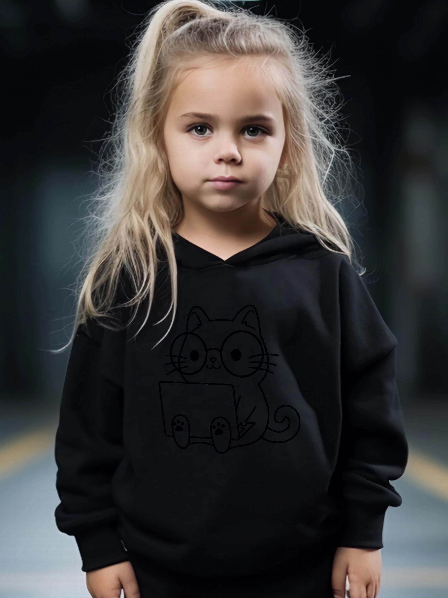 Kid's 2pcs Cat & Computer Print Outfit Hoodie & Pants Set