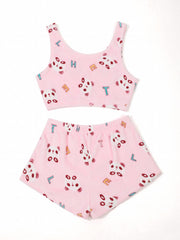  Panda & Letter Print Flannel Crop Top & Shorts Lounge Set