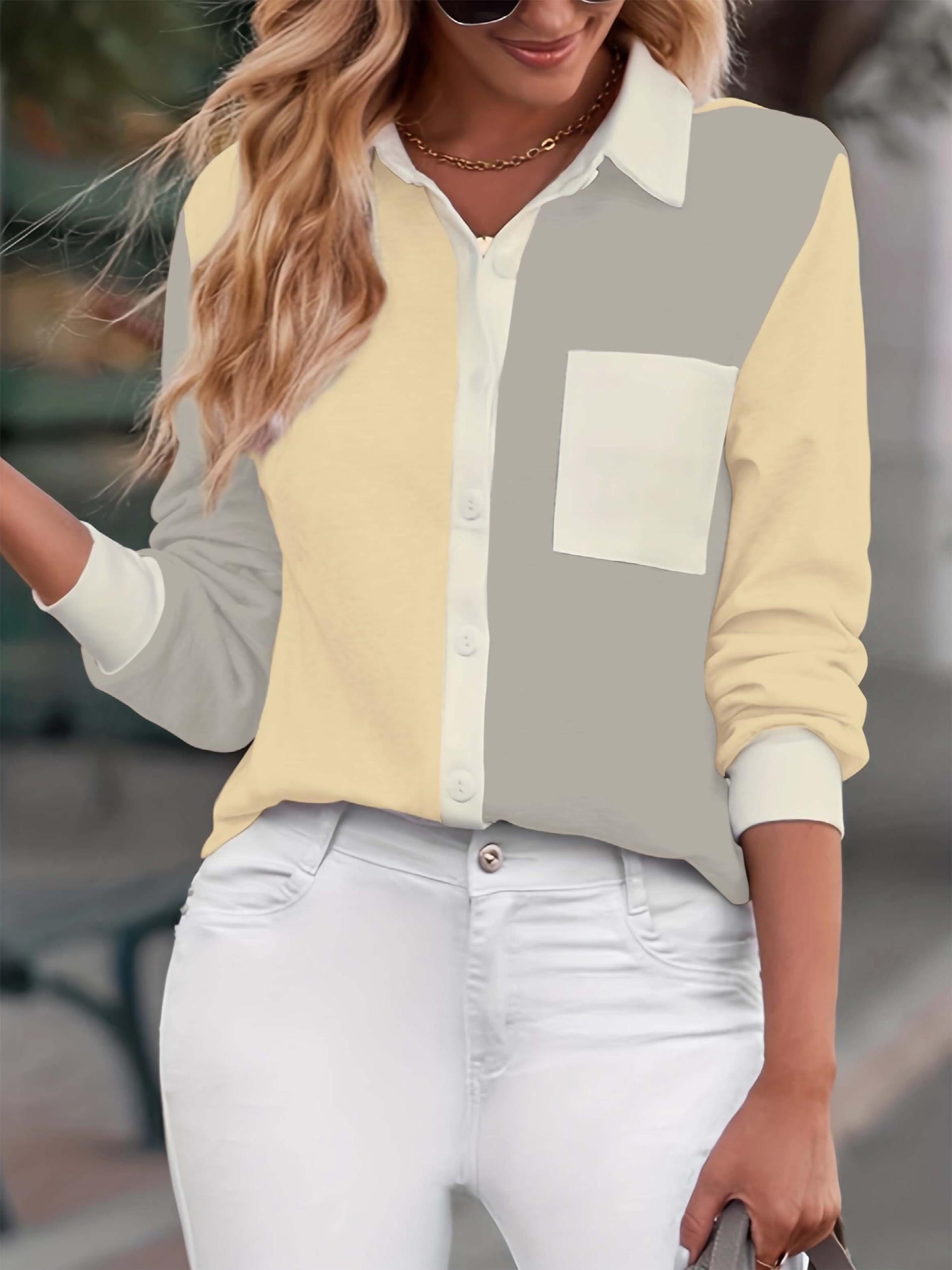  Colorblock Button Up Long Sleeve Blouse
