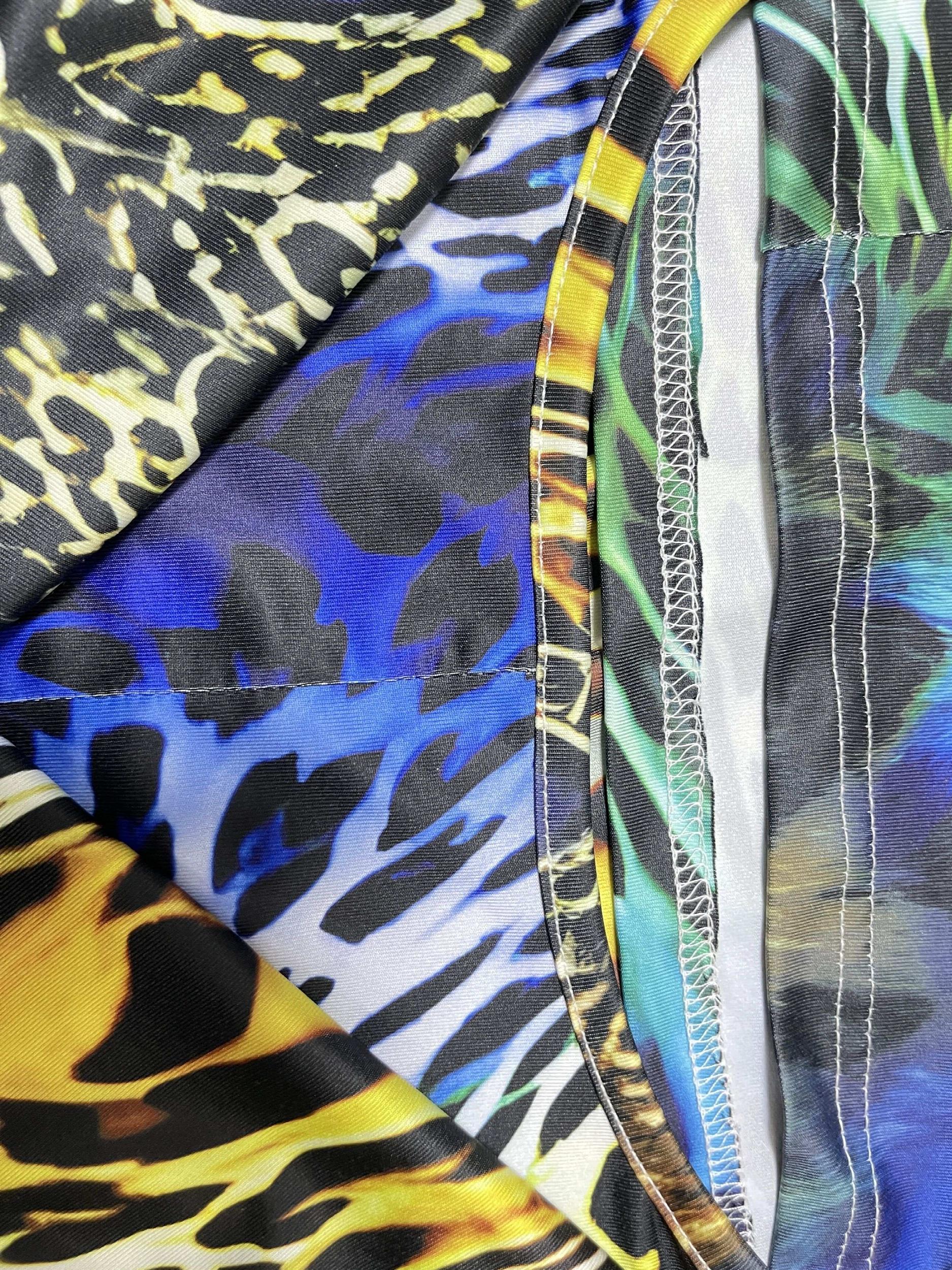  Colorblock Leopard Print Short Sleeve Round Neck Dress