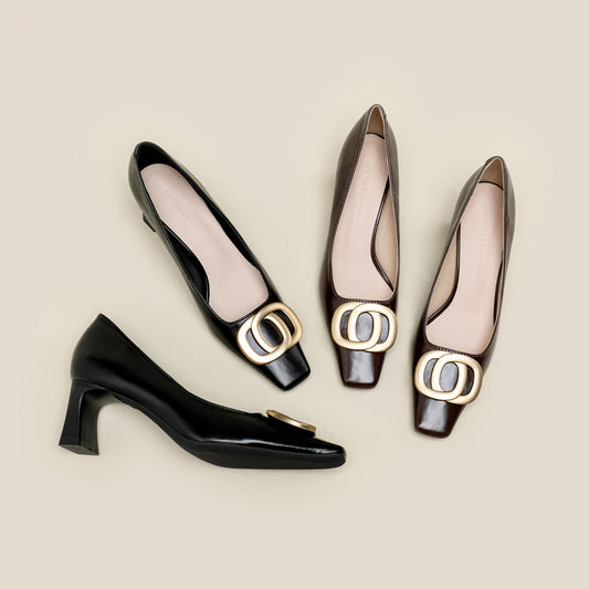 Women's Metal Buckle Chunky Heels Slip On Pumps