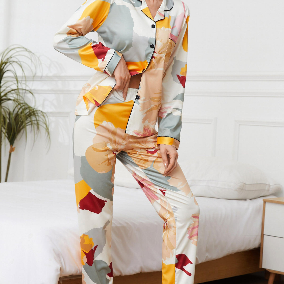 Floral Print Pajama Set Long Sleeve Top & Elastic Waistband Pants