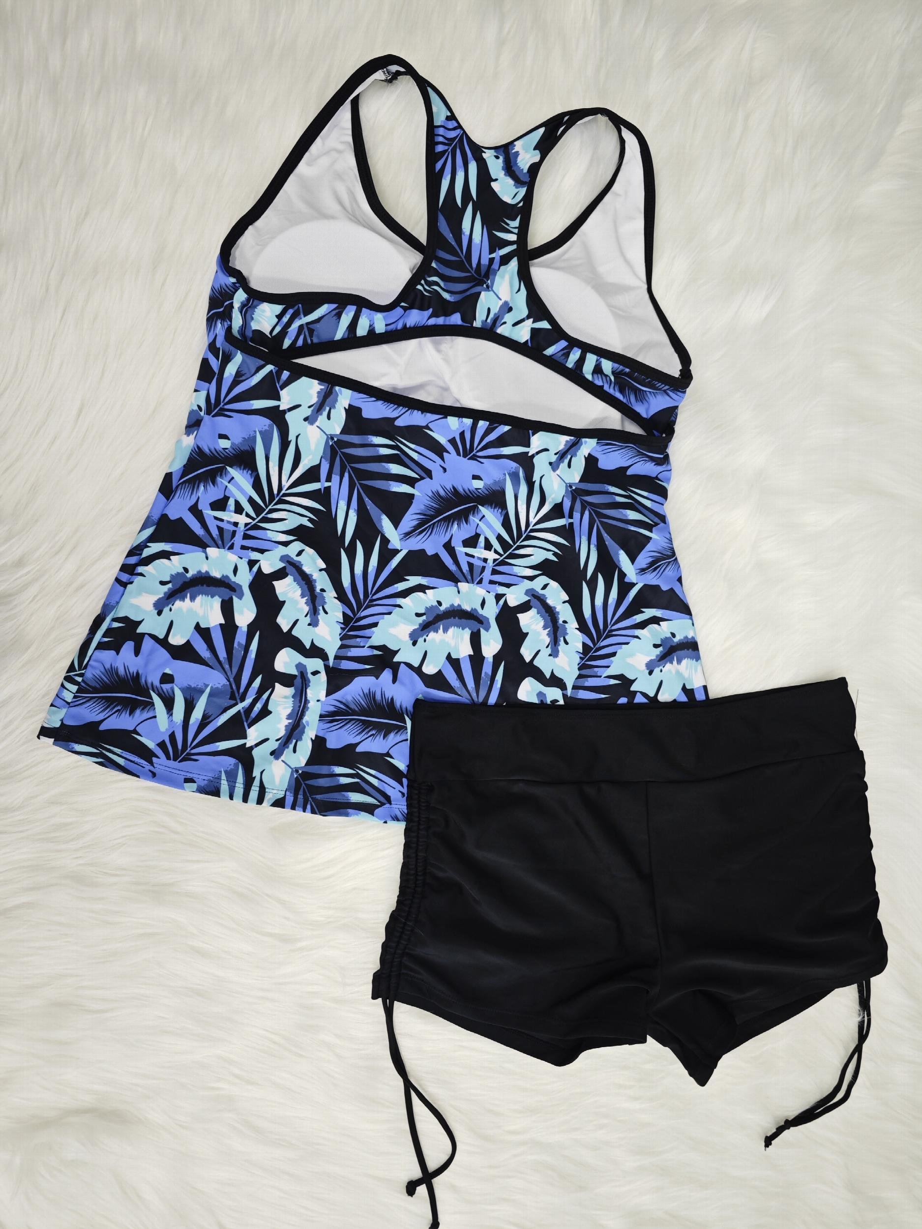  Vacay Tankini Set Tropical Print Racer Back Top & Lace Up Shorts Swims