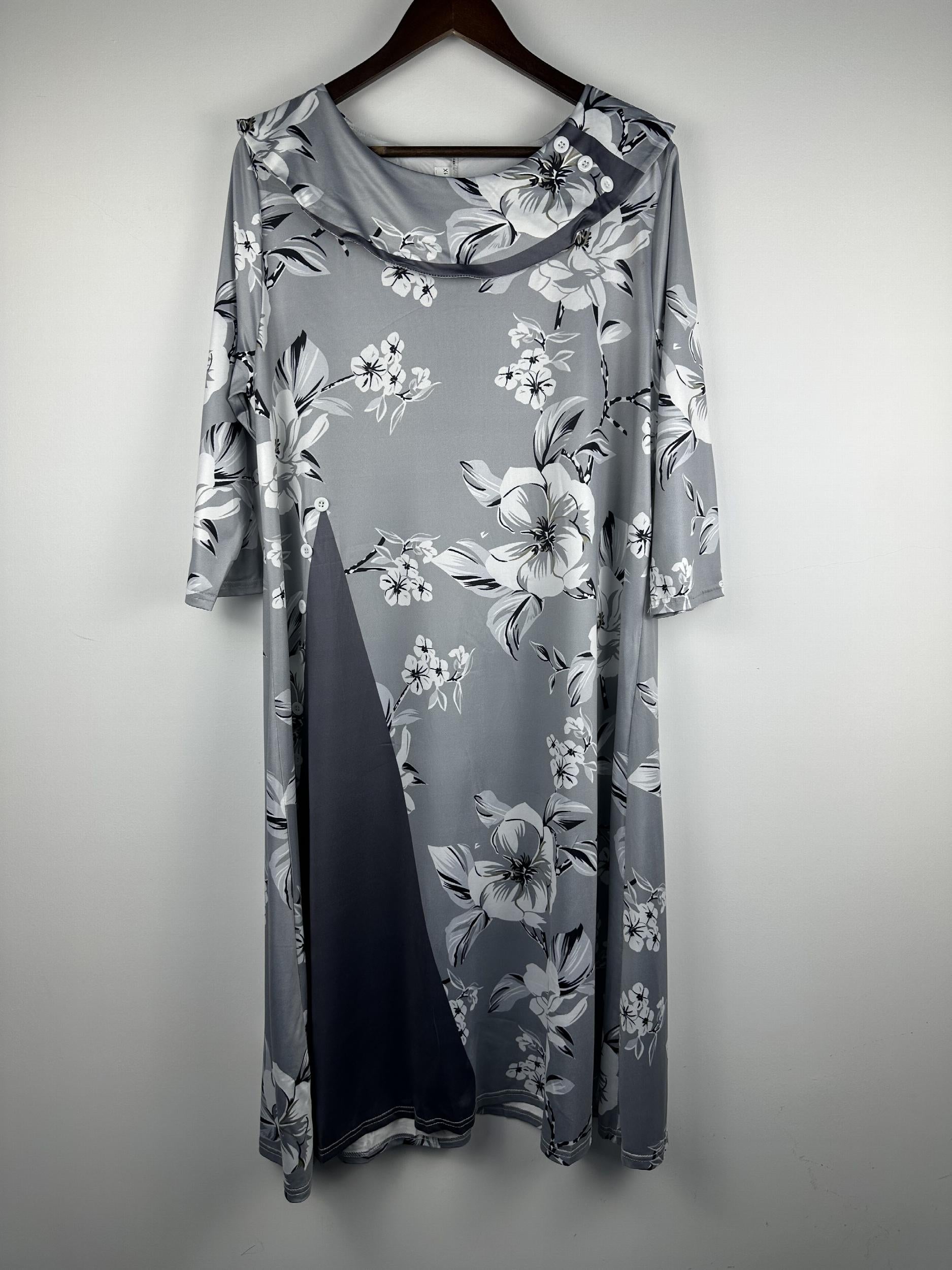  Floral Print Shawl Neck Half Sleeve Dress