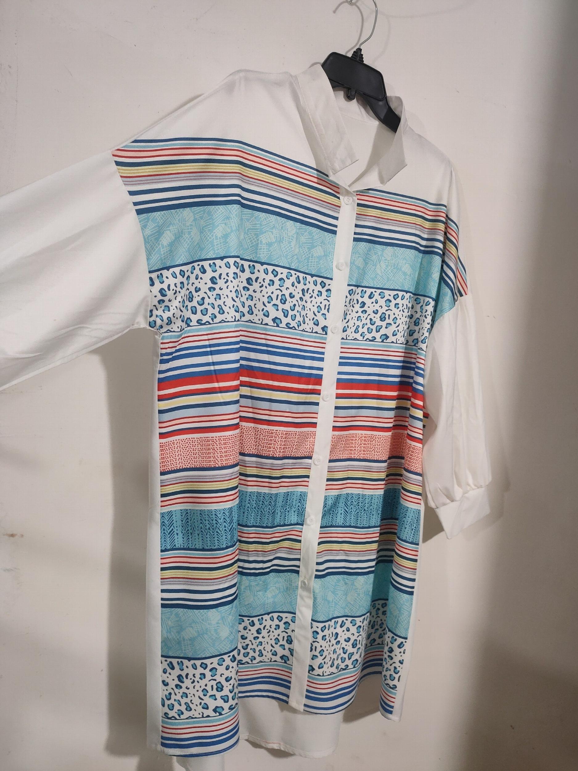  Colorblock Stripe & Leopard Print Button Up Shirt Dress