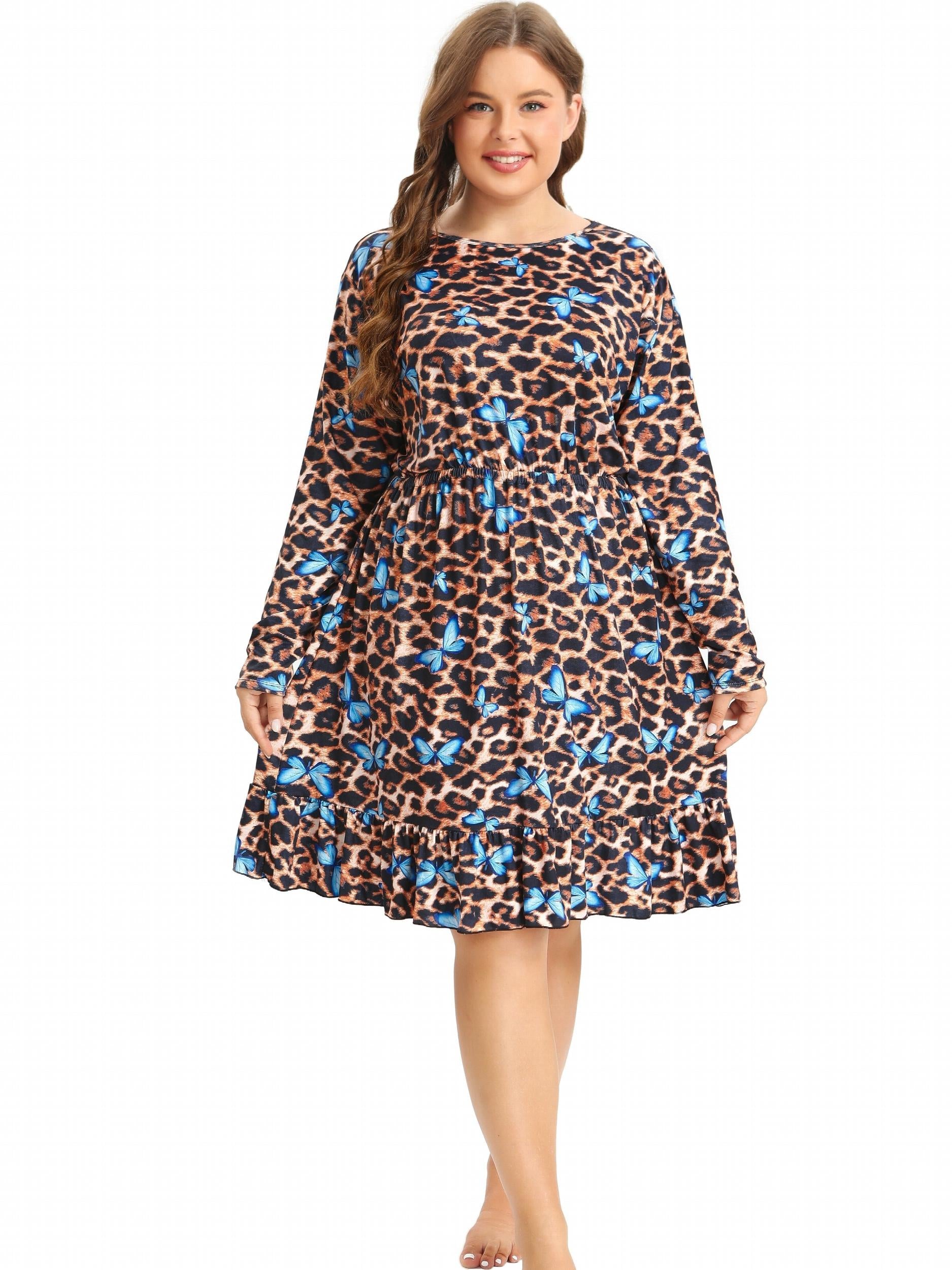  Sexy Nightdress Women's Plus Leopard & Butterfly Print Long Sleeve