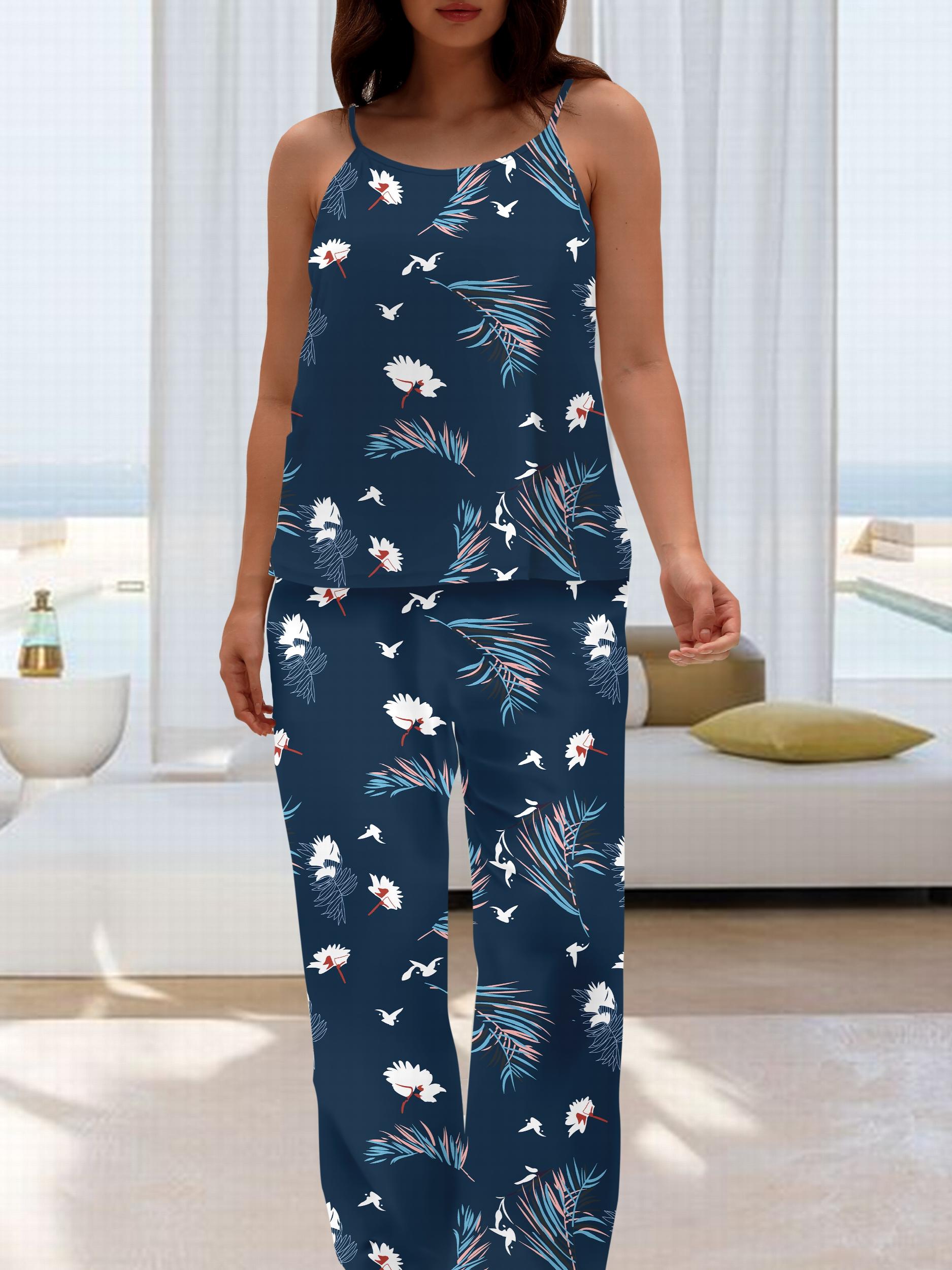  Tropical Print Pajamas Set Women's Round Neck Cami Top & Wide Leg Pant