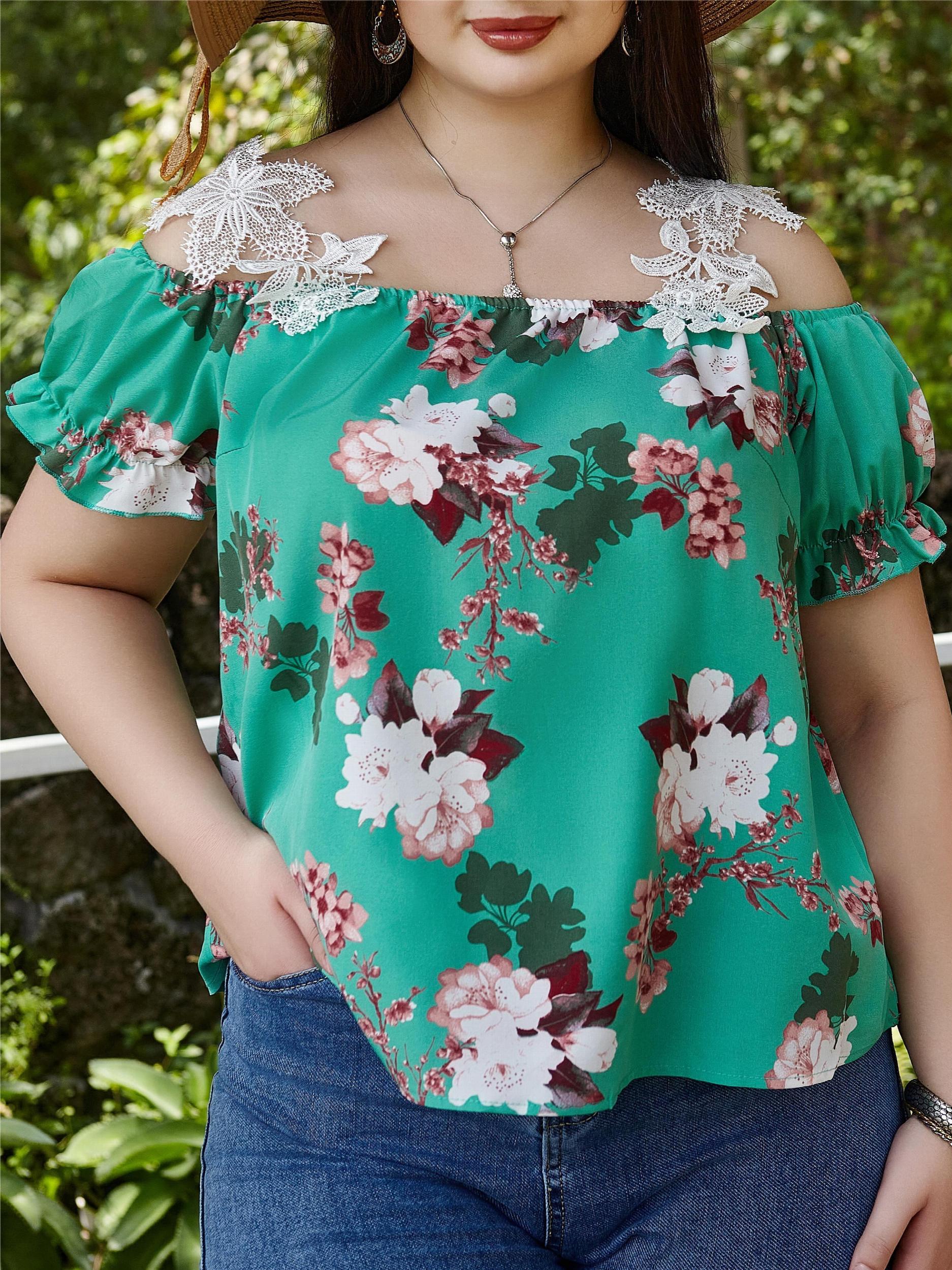  Women's Cold Shoulder Blouse Feather Print Lace Strap