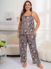  Striped & Floral Print Cami Top & Pants Lounge Set