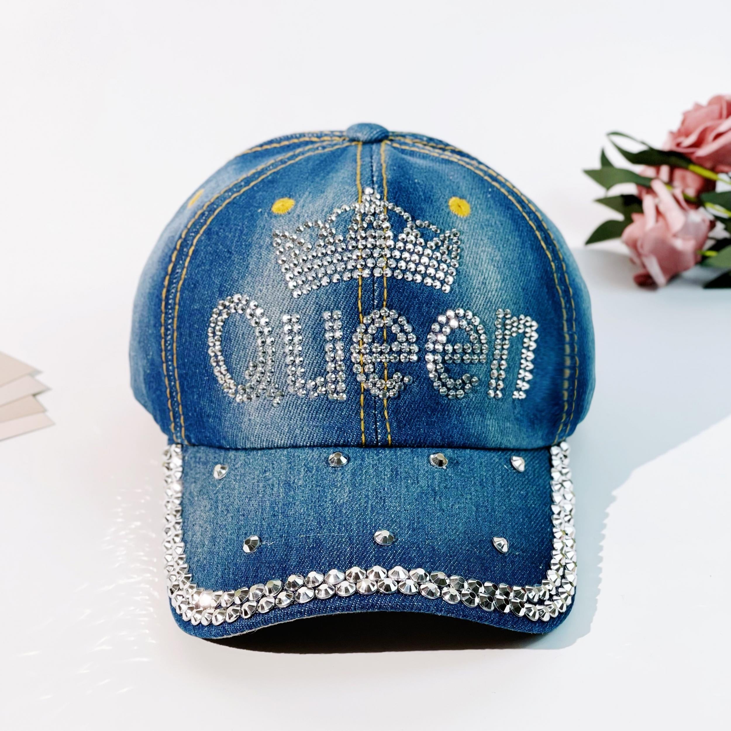 Rhinestone QUEEN Crown Baseball Cap Washed Distressed Sunshade Dad Hat