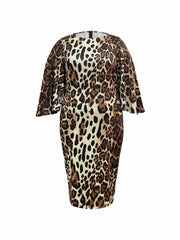  Leopard Print Bell Sleeve Round Neck Dress