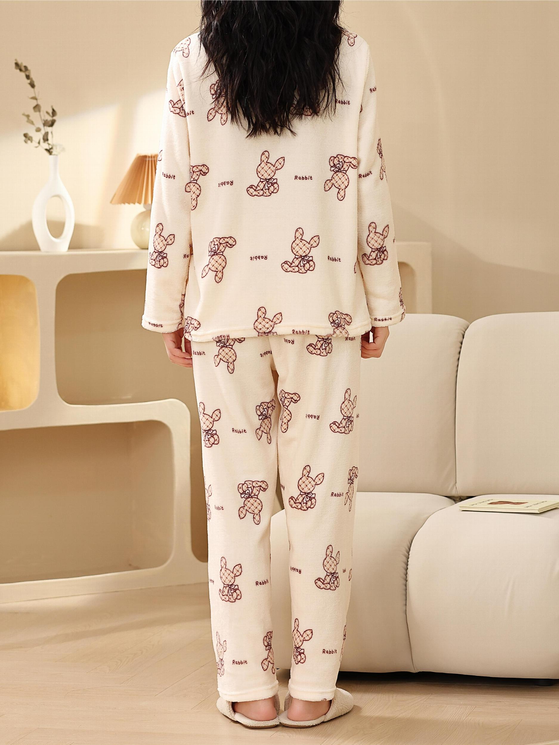 Bunny Print Pajama Set Long Sleeve Top & Fuzzy Pants Women's Sleepwear