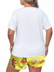  Letter & Floral Print Tee & Shorts Loungewear Set Pajama
