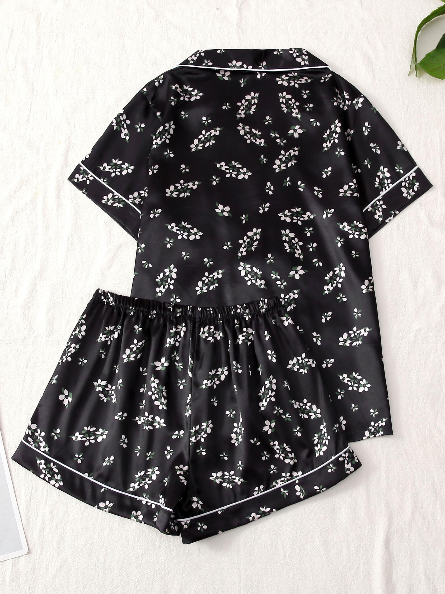 Flower Print Satin Pajama Set Comfy Short Sleeve Pocket Lapel Top & Bow Shorts