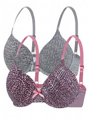 Leopard & Solid Push Up Bras Set Breathable Bow Tie Women's Lingerie