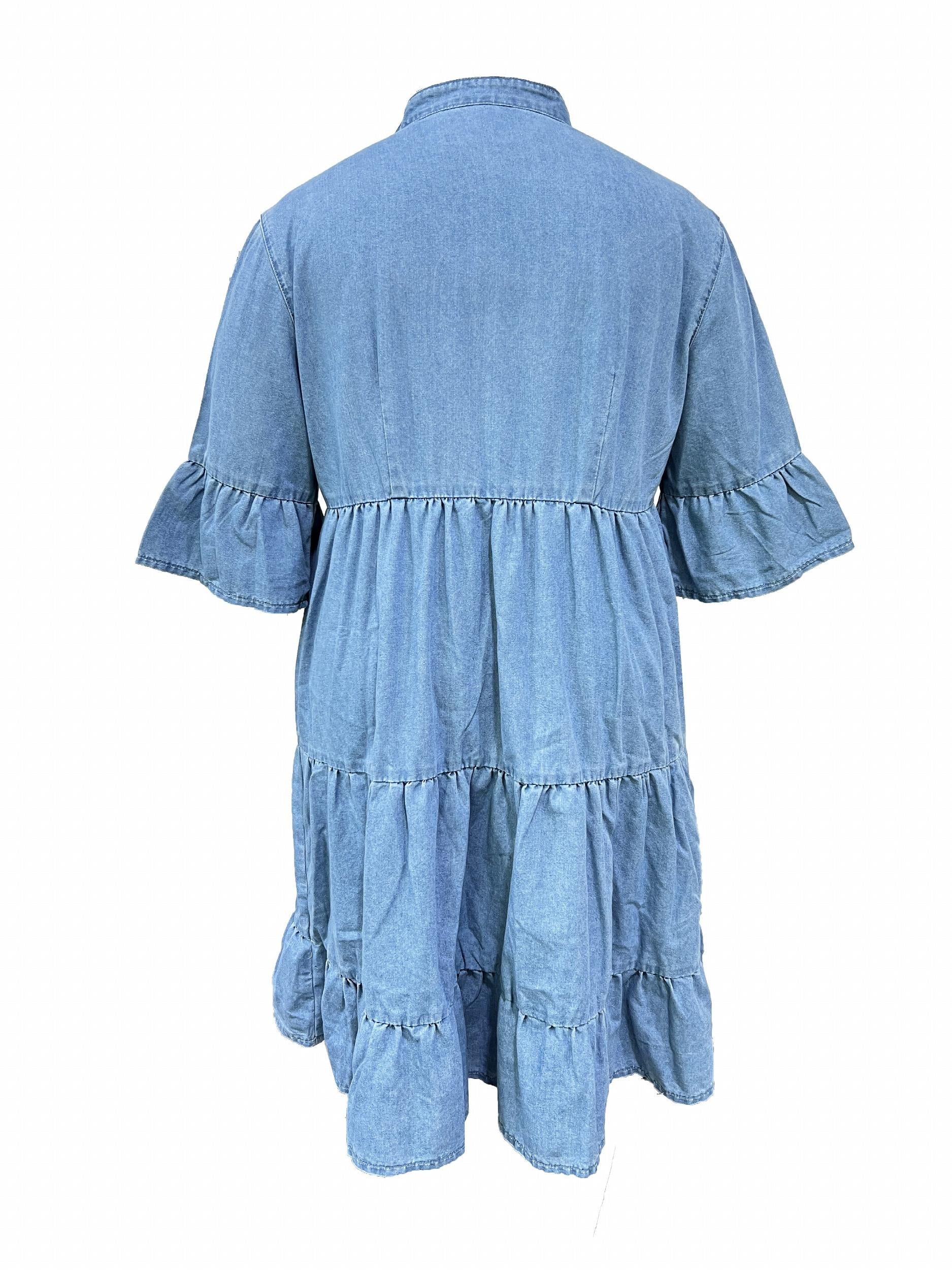  Denim Dress Short Sleeve Button Up Smock Denim Dress