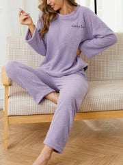 Letter Embroidery Pajama Set Long Sleeve Crew Neck Top & Pants