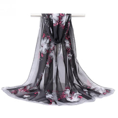 Vintage Flower Print Chiffon Scarf Thin Breathable Silk Head Wrap