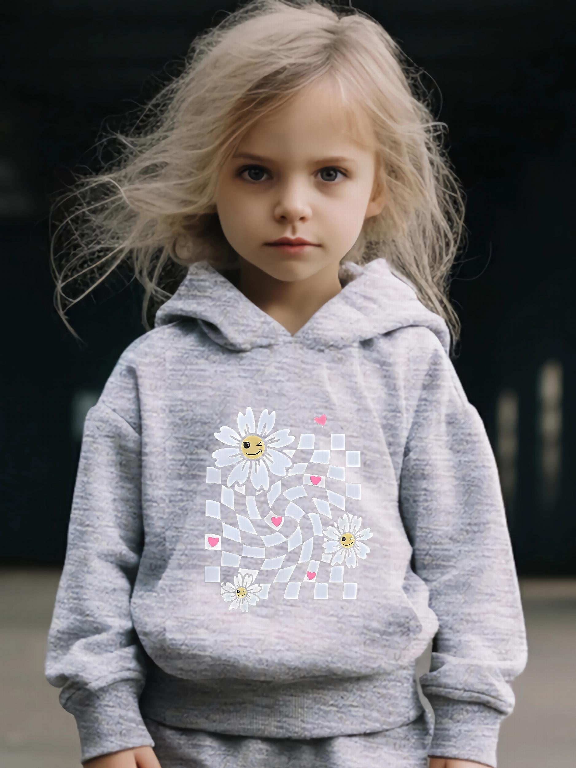 Daisy Pattern Long Sleeve Hooded Sweatshirt Girls Comfy Hoodie & Sweatpants