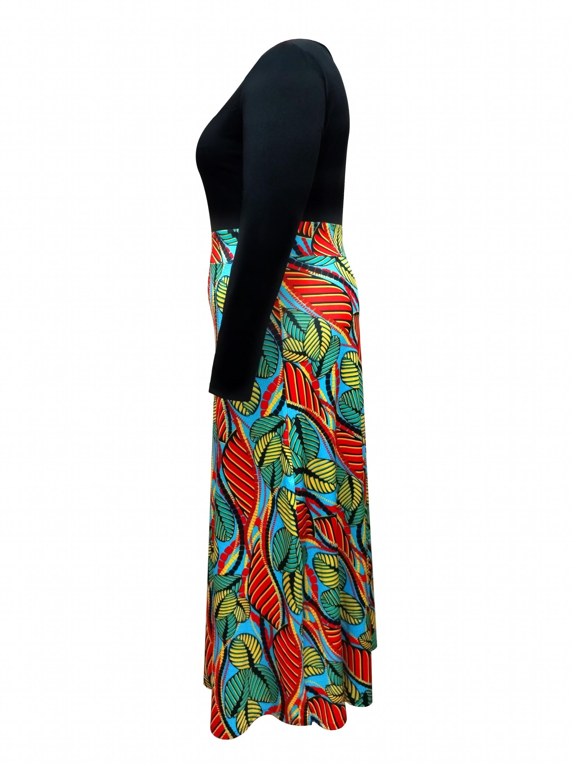  Colorblock Leaf Print Round Neck Maxi Dress