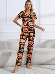  Halloween Pajama Set Women's Pumpkin Print Tee & Pants Lounge Set