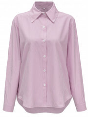  Stripe Print Button Up Roll Up Sleeve Blouse