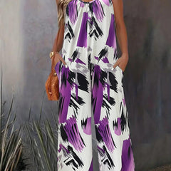  Brush Print Wide Leg Jumpsuit