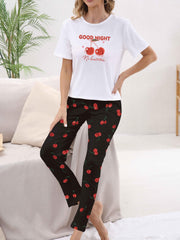 Cherry Print Pajama Set Short Sleeve Top & Pants