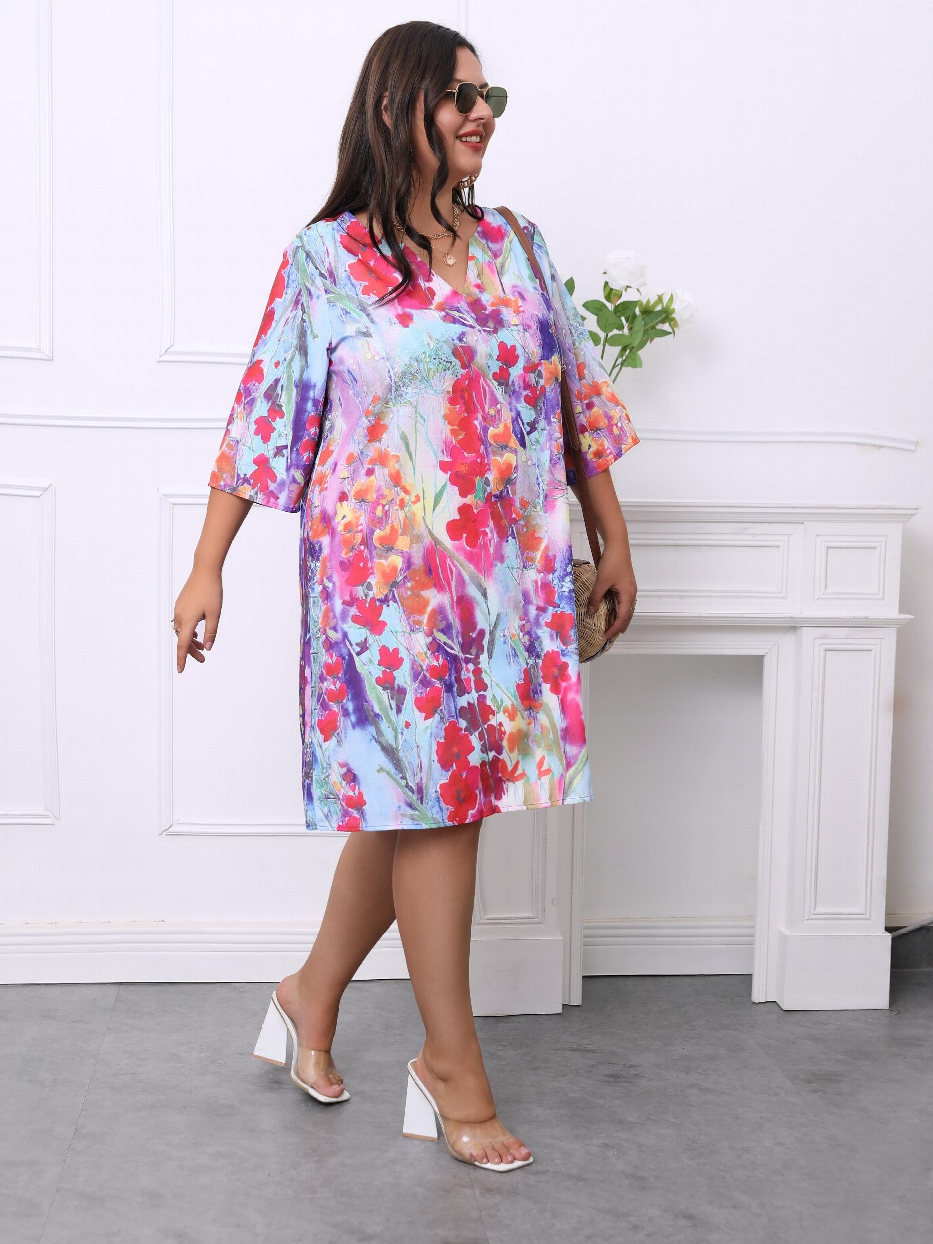 Floral Print Half Sleeve Tee Dress With Pockets